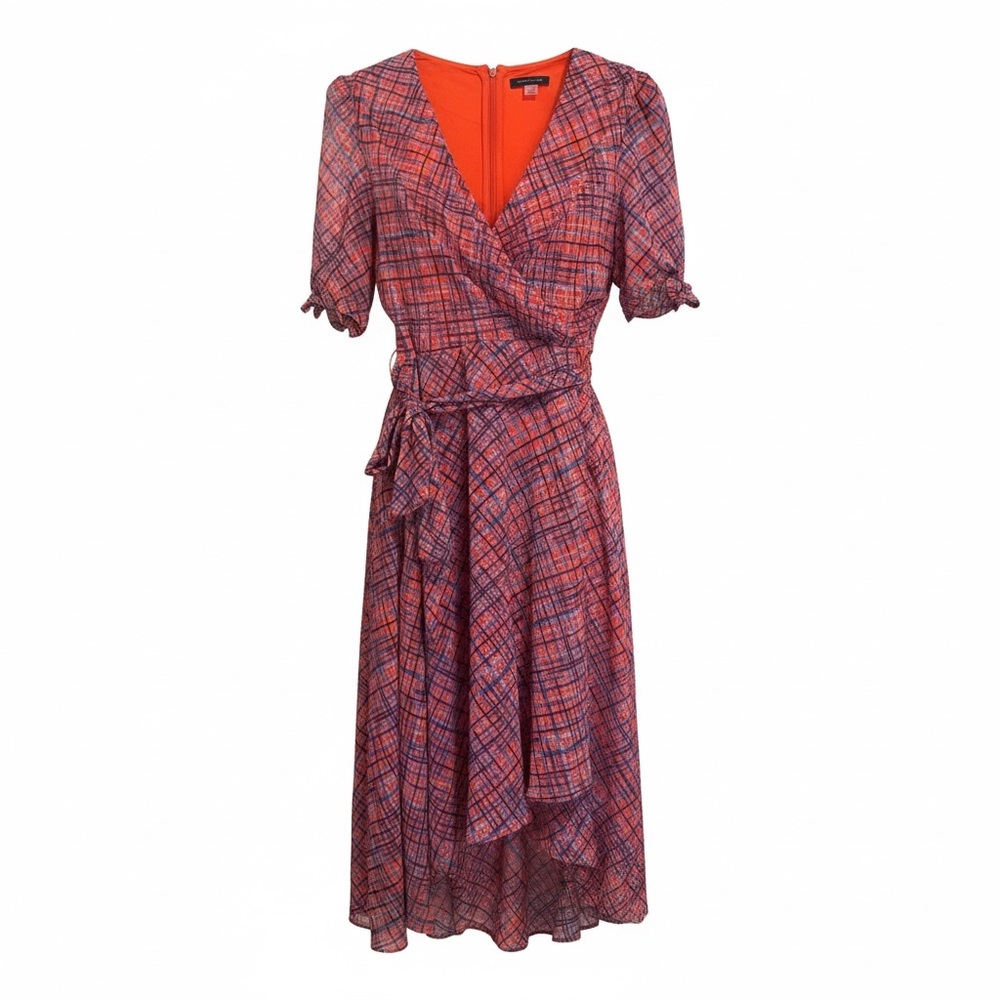 Tommy Hilfiger Orange and Pink Plaid Wrap Midi Dress